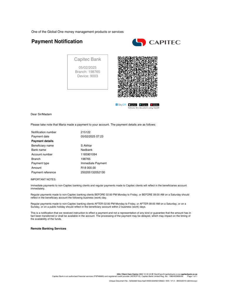 Payment Notification from Capitec Bank | PDF