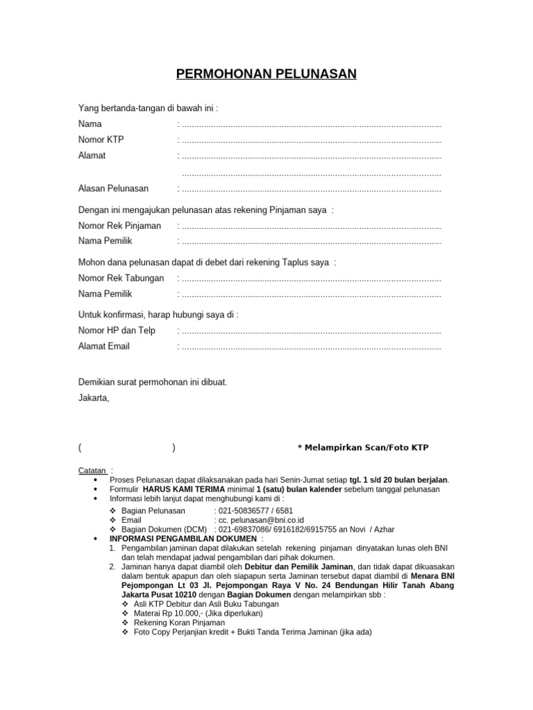 Surat Permohonan Pelunasan Pinjaman | PDF