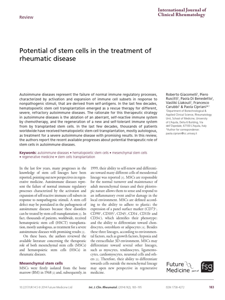Potential of Stem Cells in The Treatment of Rheumatic Disease | PDF ...