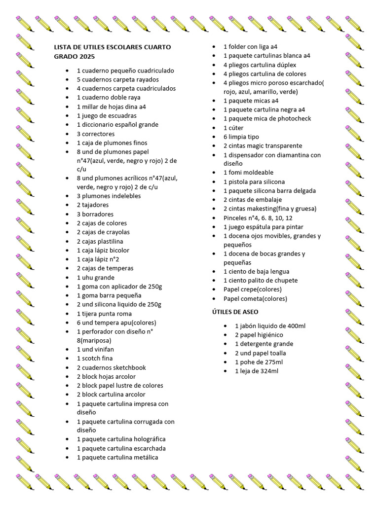 Lista de Utiles Escolares Cuarto Grado 2025 | PDF | Papel | Papelería