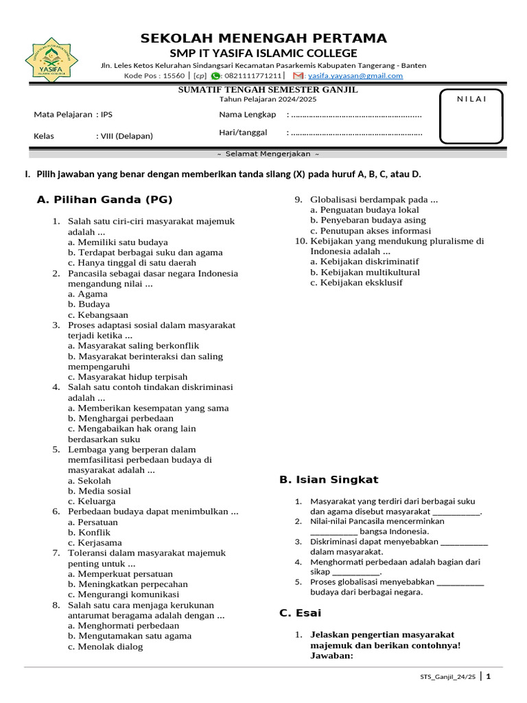 Ujian IPS SMP IT Yasifa 2024/2025 | PDF