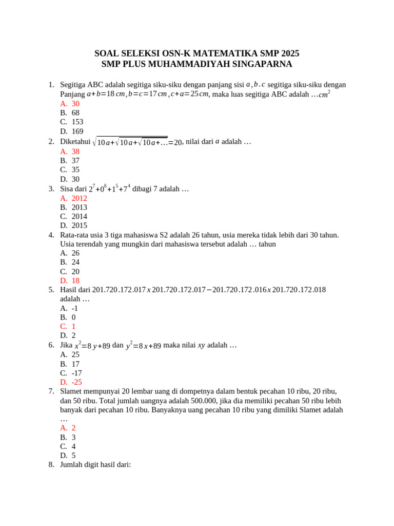 Soal OSN Matematika SMP 2025 | PDF