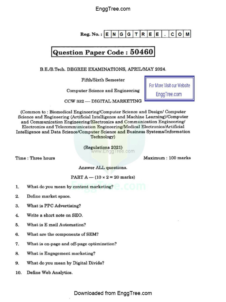 CCW332 Digital Marketing Apr May 2024 Question Paper Download | PDF