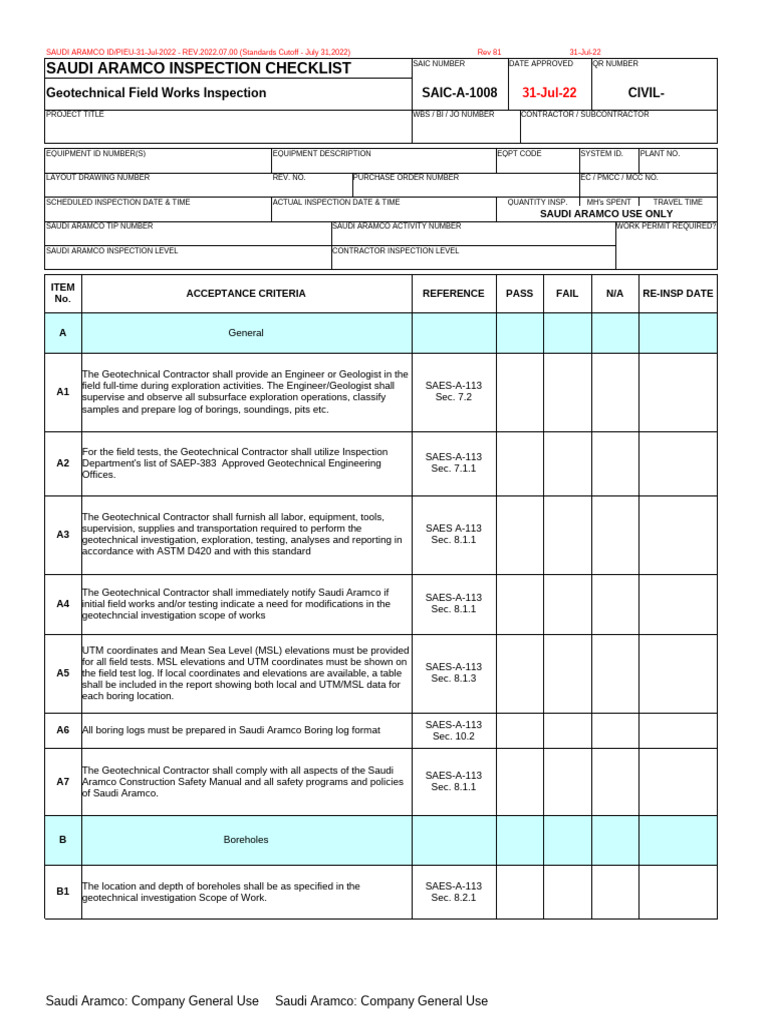 Saudi Aramco Geotechnical Inspection Checklist | PDF | Civil ...