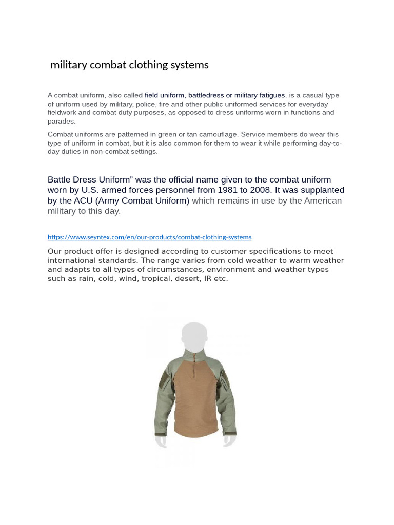 Military Combat Clothing Systems | PDF