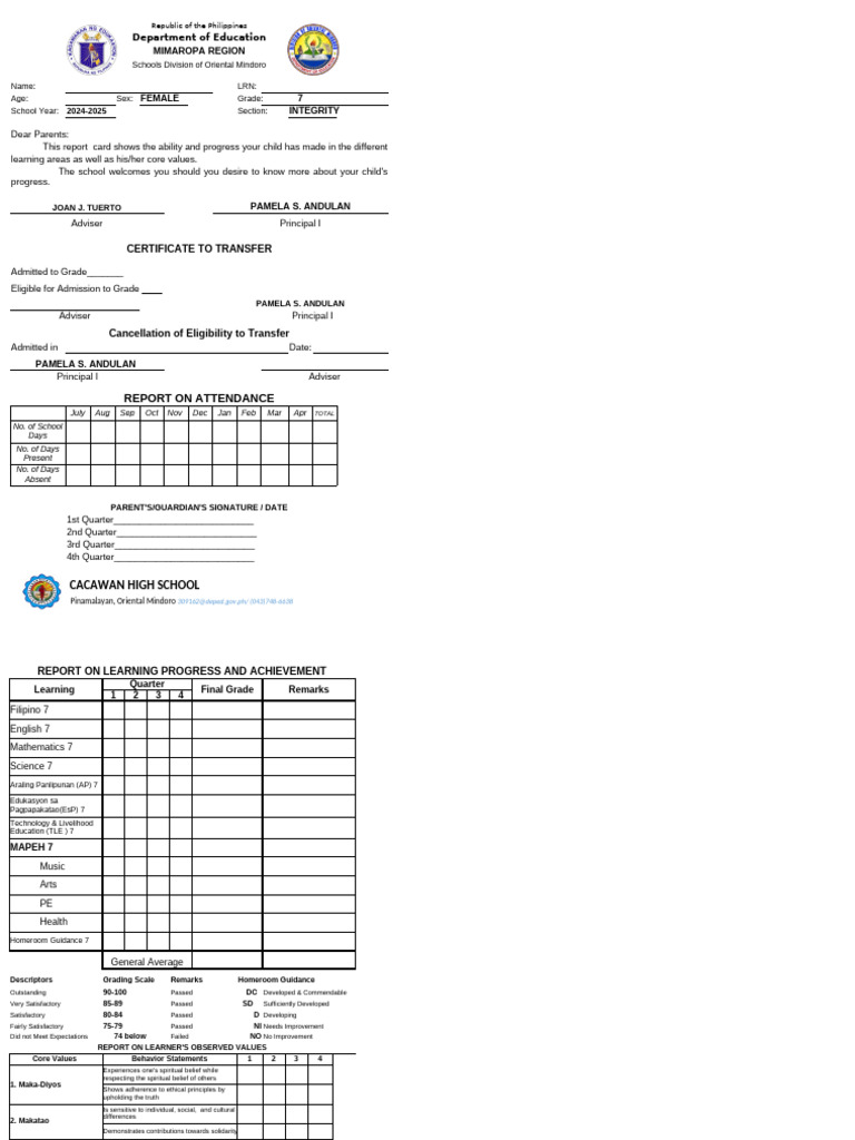 Grade 7 Student Progress Report | PDF