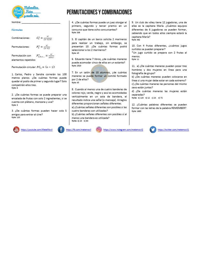 Ejercicios Resueltos de Combinaciones y Permutaciones | PDF
