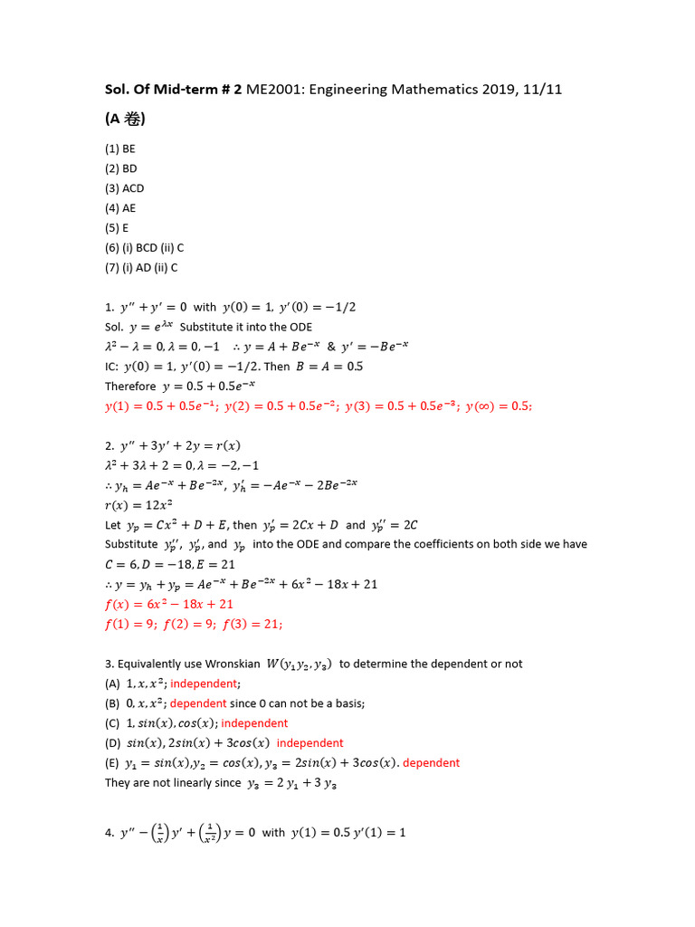 2019 midterm2 Sol A卷 | PDF | Mathematical Objects | Equations