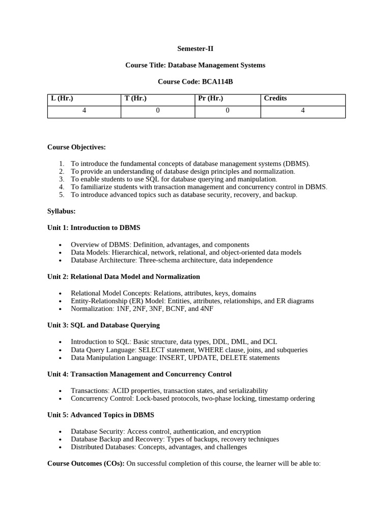 DBMS Course Syllabus Overview | PDF | Databases | Relational Database