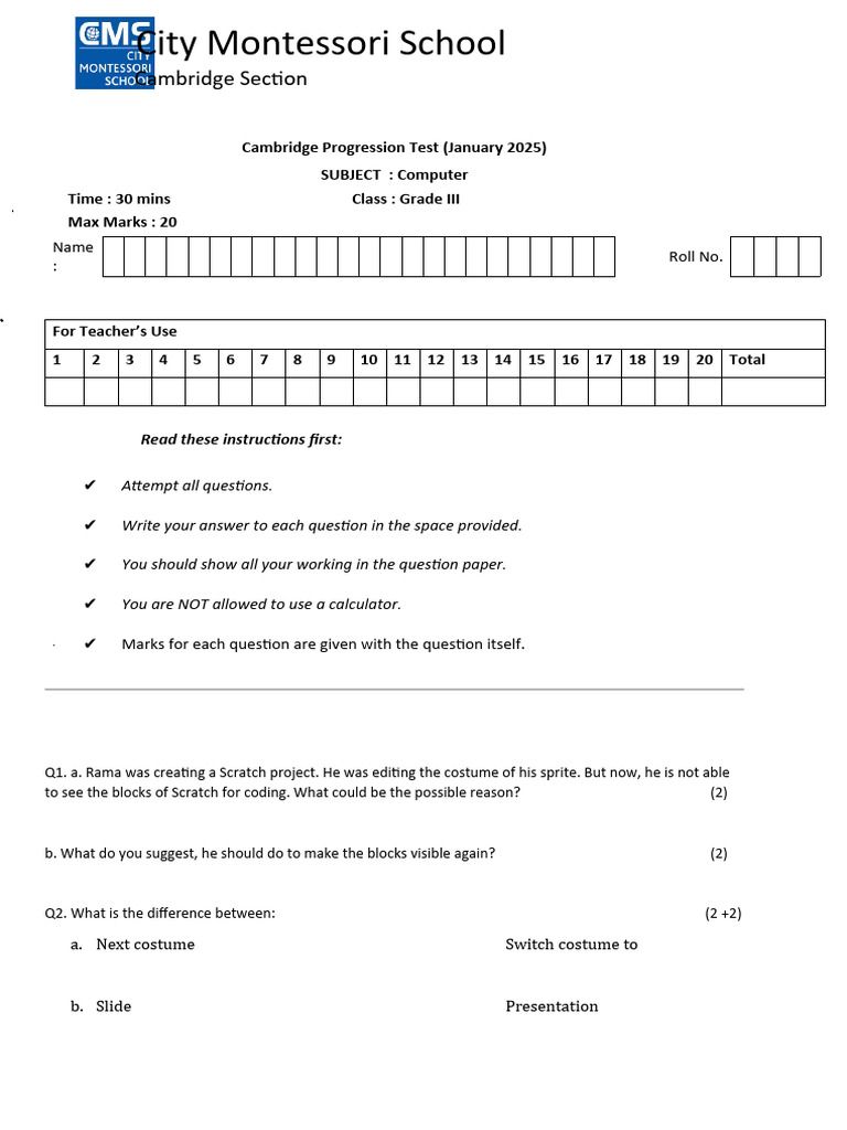 Grade 3 Computer Test: Cambridge Progression | PDF | Scratch ...
