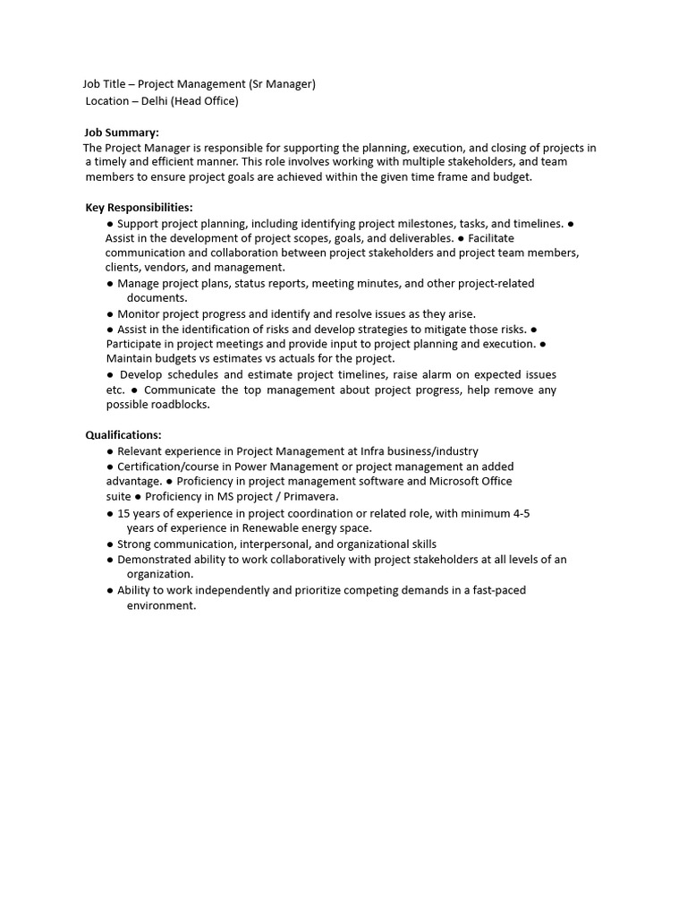 JD - Project Management - SR MGR | PDF