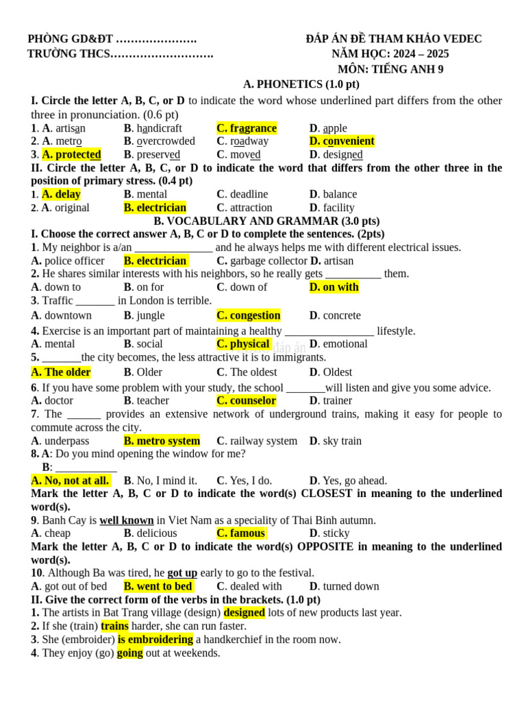 English 9 Reference Exam Answers 2024-2025 | PDF | Weaving | Linguistics