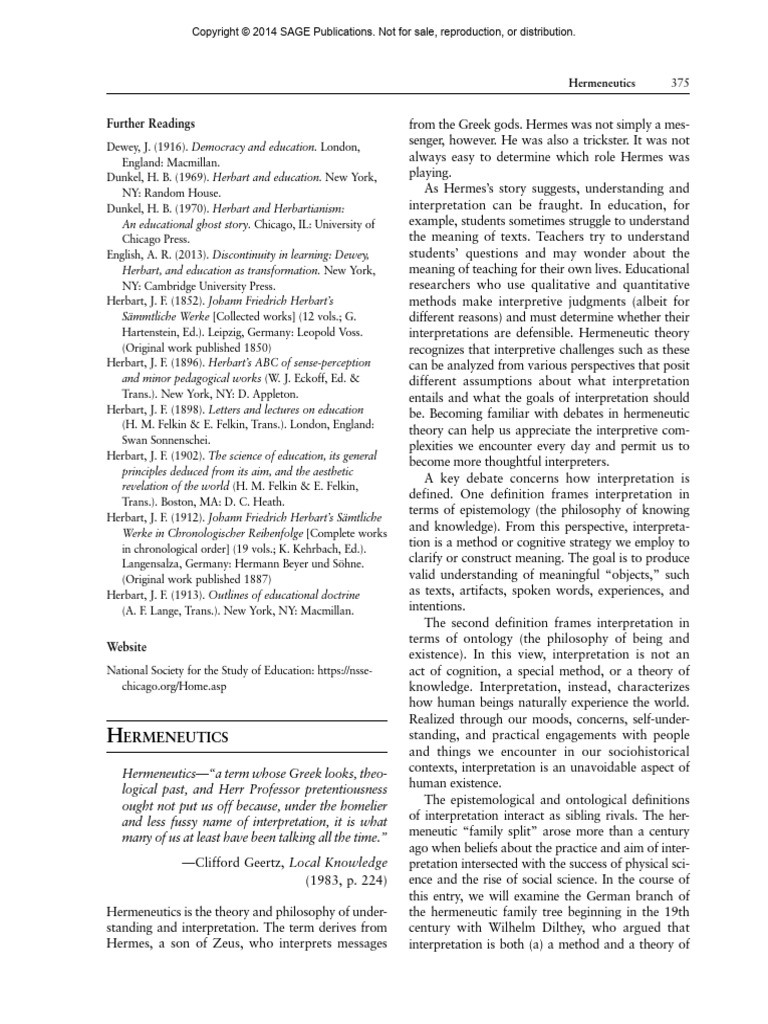 Kerdeman-Hermeneutics-Encyc Educational Theory Philosophy 2014 | PDF ...