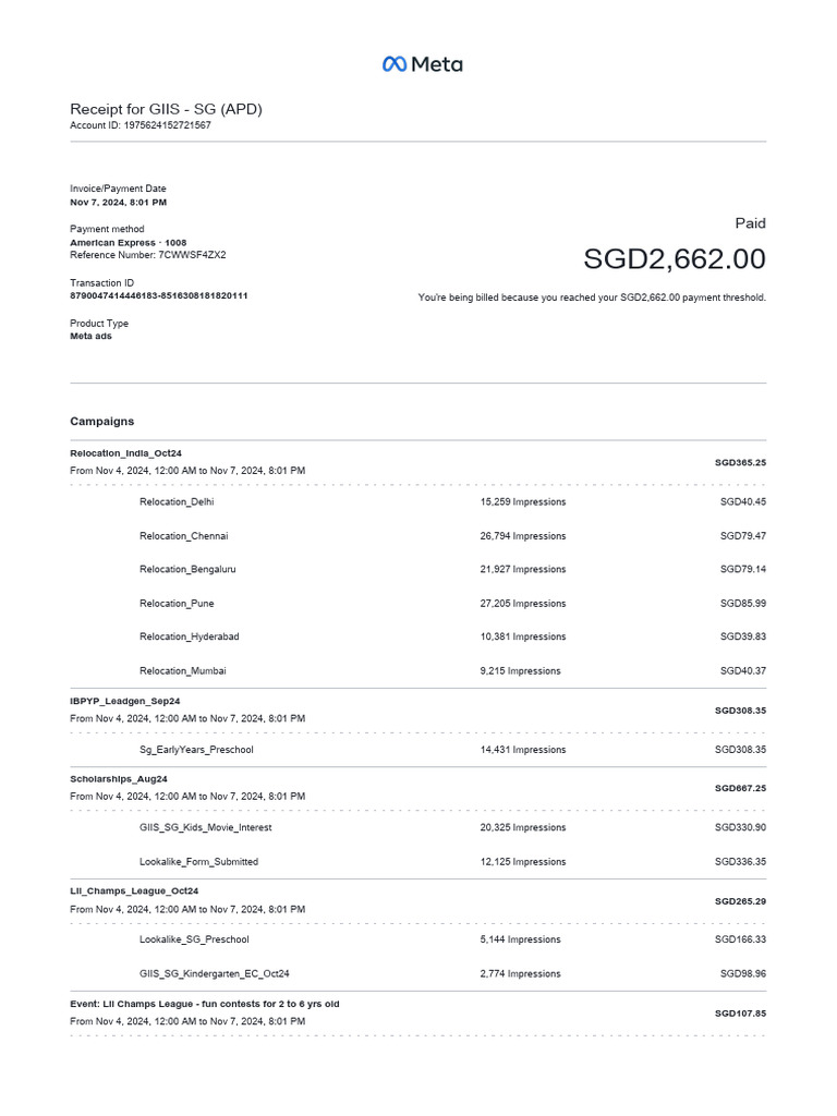 GIIS SG Meta Ads Payment Receipt | PDF | Business | Business Documents