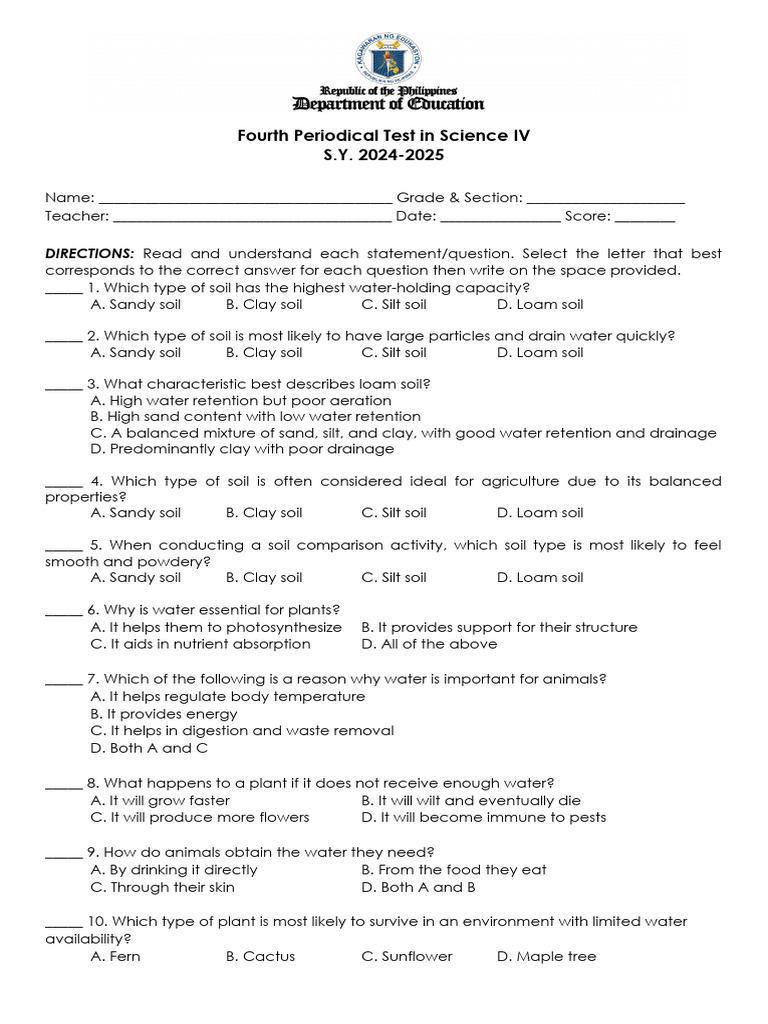 Fourth Periodical Test in Science 4 Sy 24 25 | PDF | Sun | Soil
