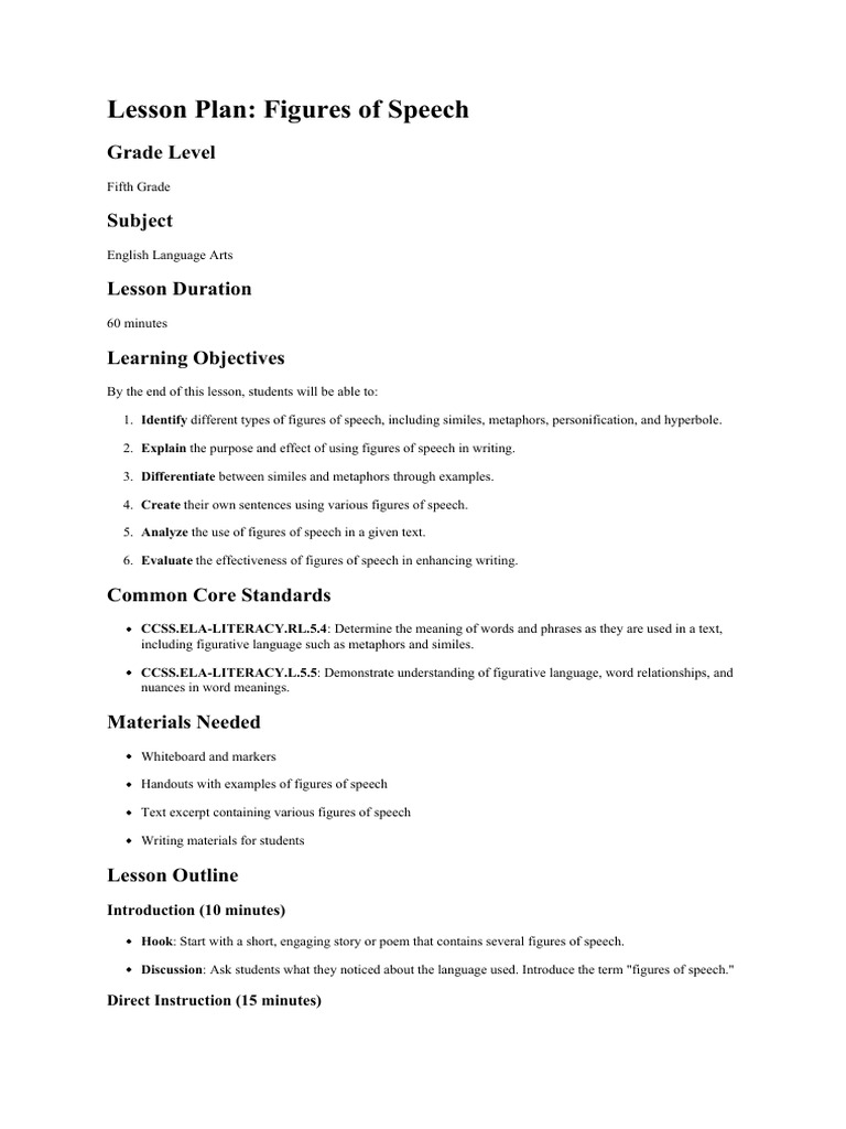 Figures of Speech Lesson Plan for 5th Grade | PDF | Metaphor ...