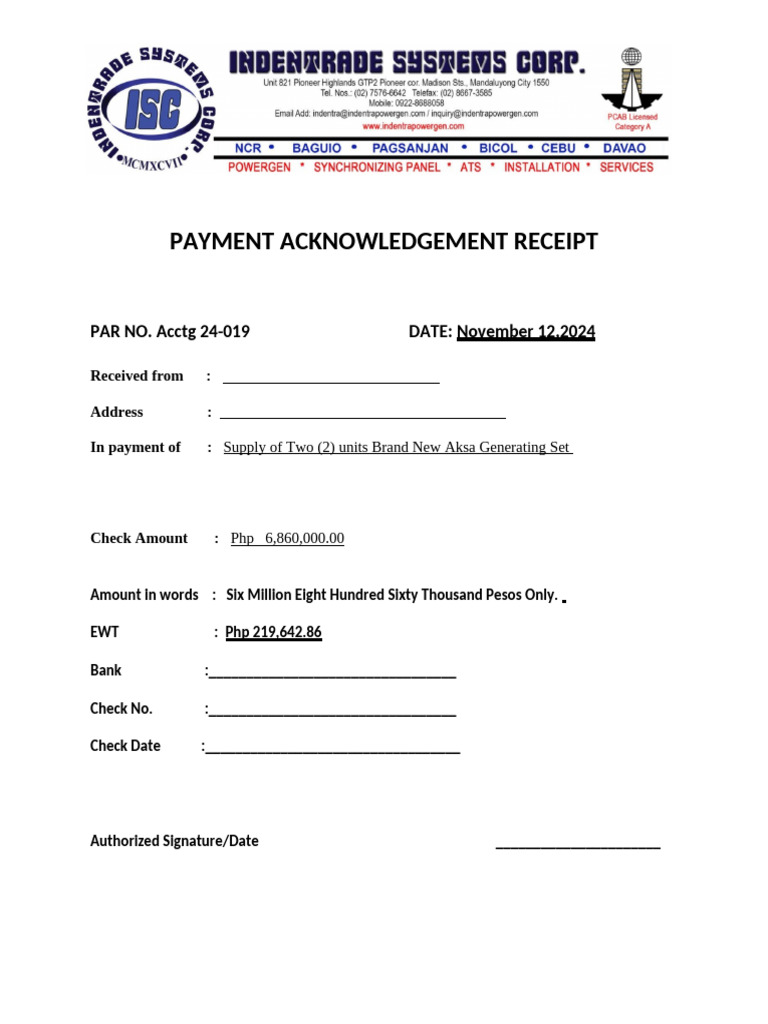 Payment Acknowledgment Receipt For Aksa Generators Pdf 
