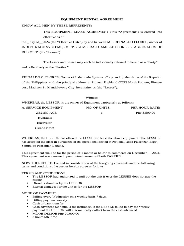 Equipment Rental Agreement | PDF | Lease | Common Law