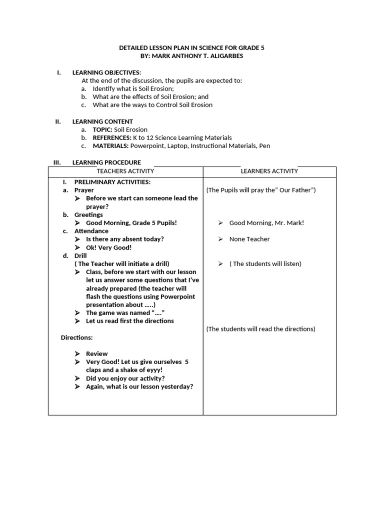 Grade 5 Science Lesson on Soil Erosion | PDF | Lesson Plan | Behavior ...