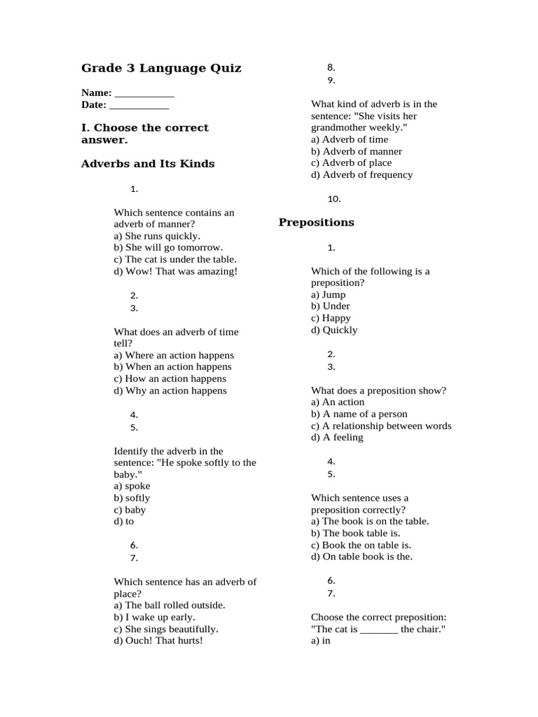 Grade 3 English Language Quiz | PDF | Adverb | Sentence (Linguistics)