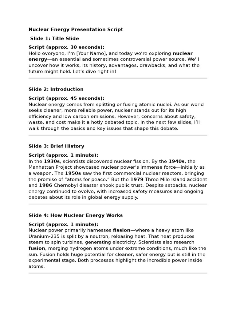 Nuclear Energy Presentation Script | PDF | Nuclear Power | Nuclear Reactor