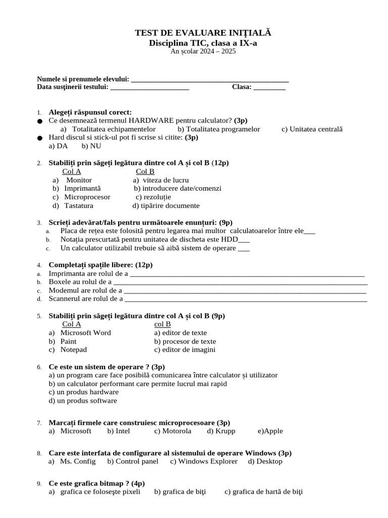 Test Initial TIC Clasa A IX-A | PDF