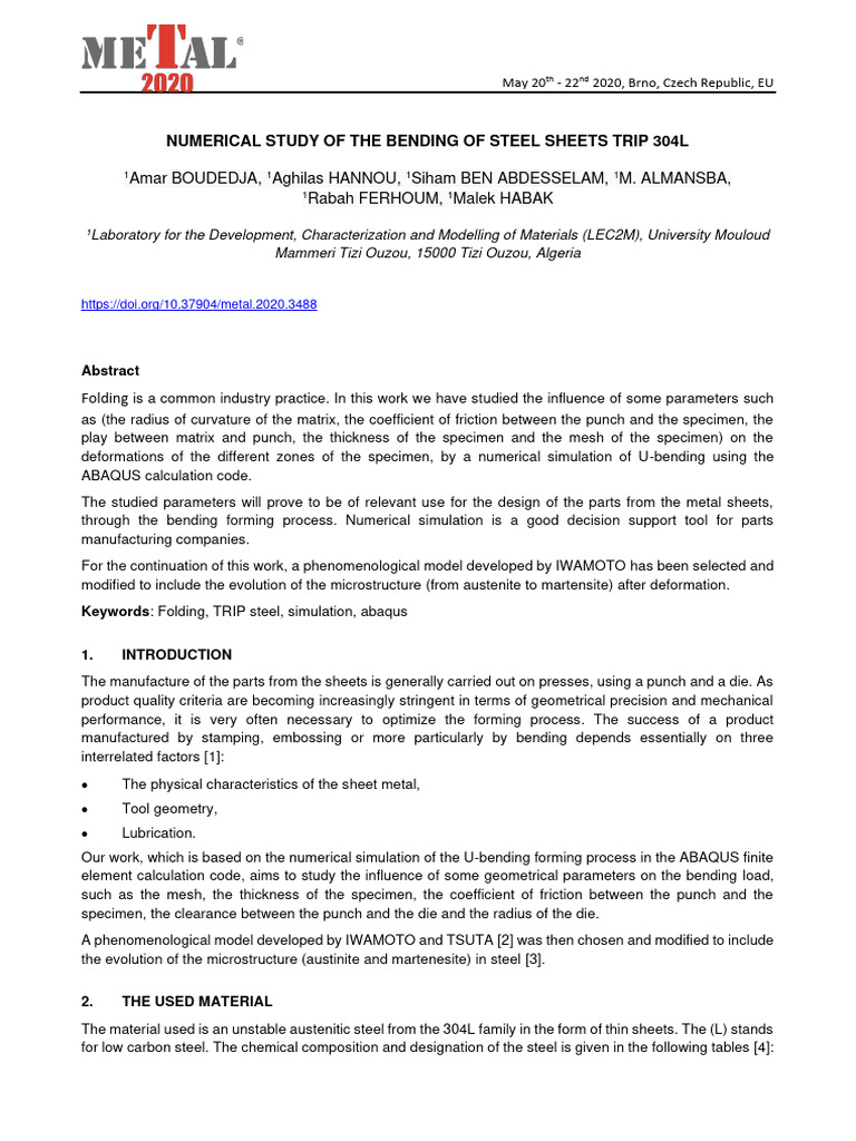 Numerical Study of the Bending of Steel | PDF | Applied And ...