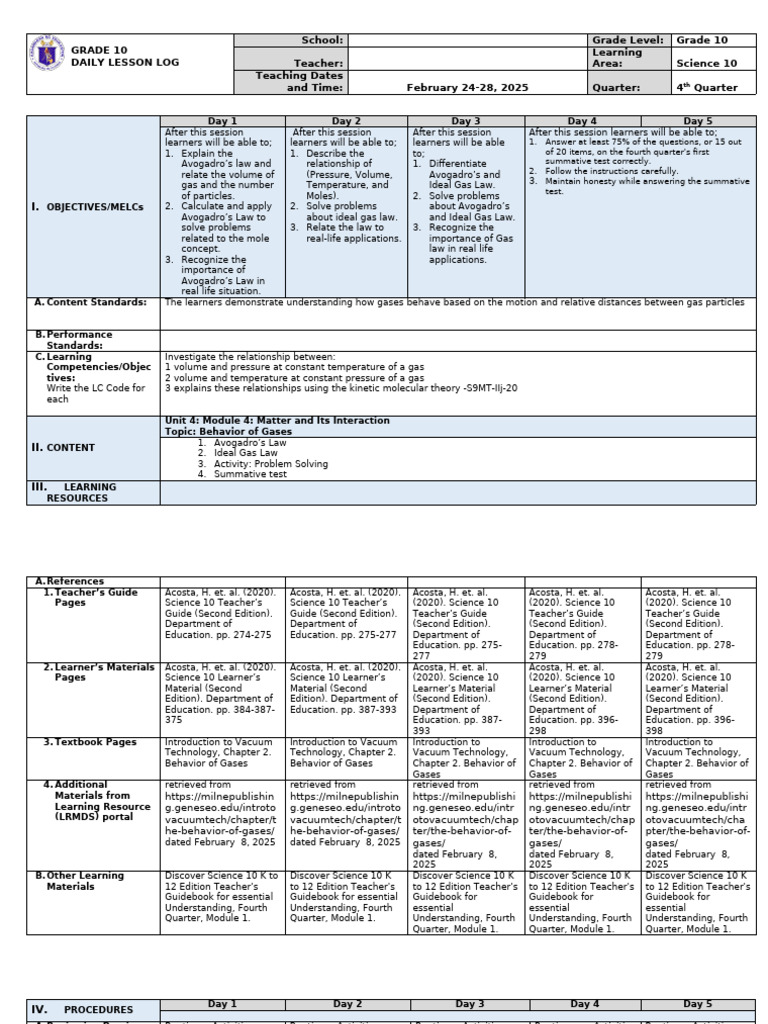 Grade 10 Science Daily Lesson Log | PDF | Gases | Temperature