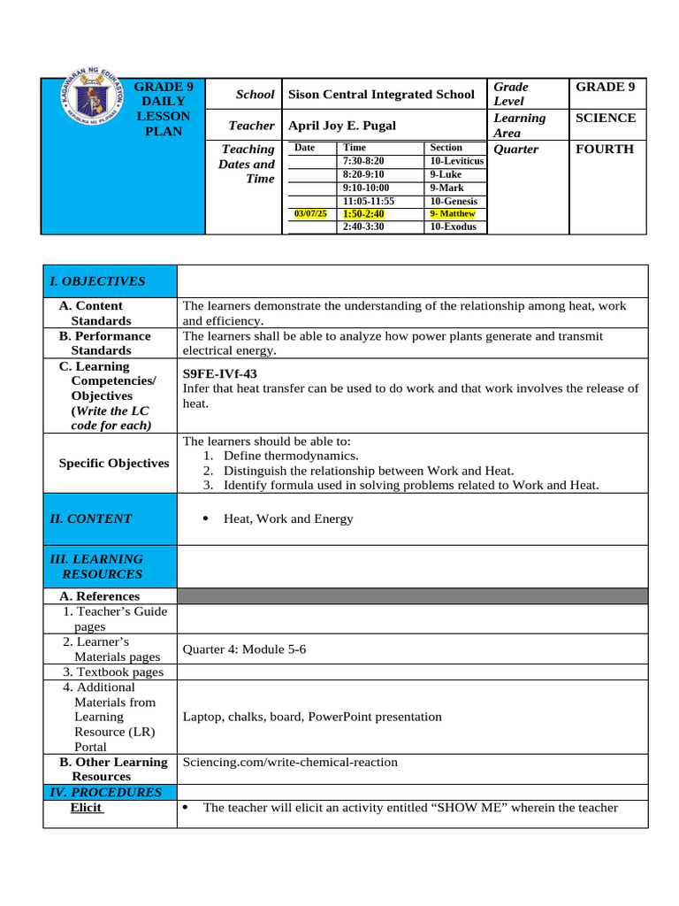 Grade 9 Science Lesson Plan: Thermodynamics | PDF | Heat | Heat Transfer