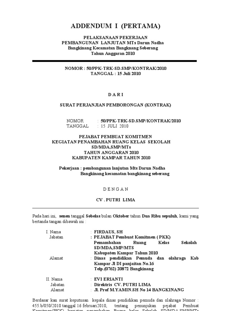 Addendum I Pembangunan MTs Darun Nadha | PDF