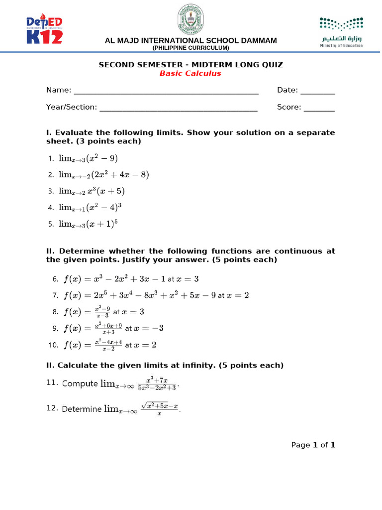 Midterm Long Quiz: Basic Calculus | PDF
