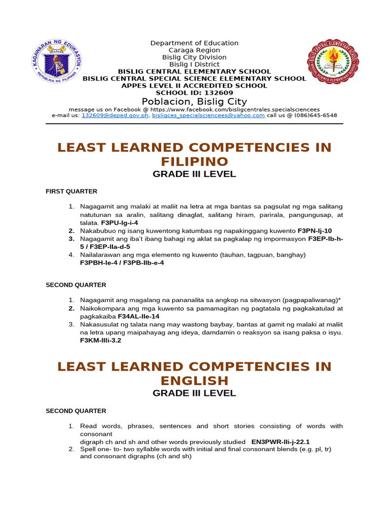 Least Learned Competencies FILIPINO | PDF