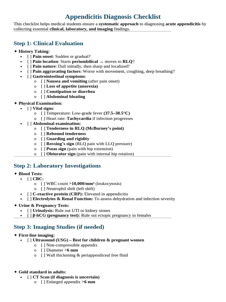 Appendicitis Diagnosis Checklist | PDF | Diseases And Disorders ...