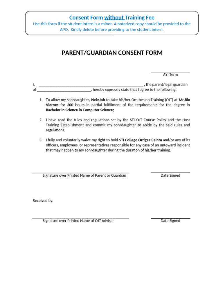Parent Consent for OJT Training Form | PDF