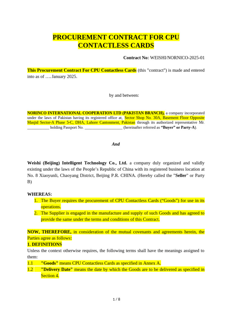 Procurement Contract for CPU Cards | PDF | Letter Of Credit | Bill Of ...