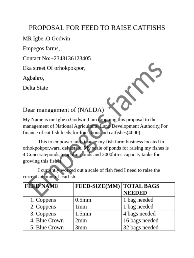 Catfish Feed Proposal for NALDA | PDF