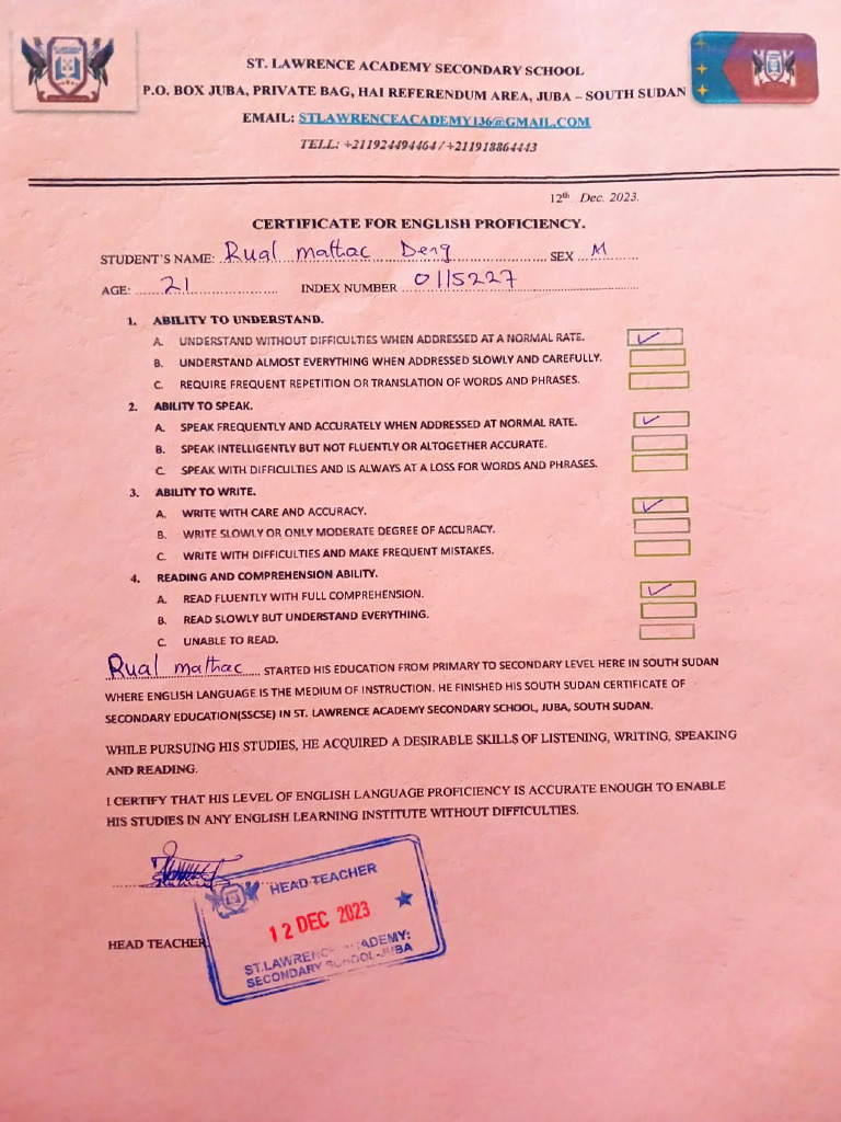 English Proficiency Certificate | PDF