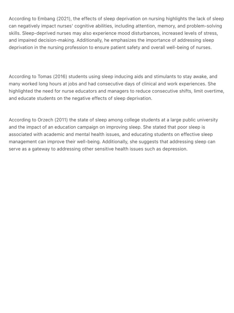According To Embang 2021 The Effects of Sleep Deprivation On Nursing | PDF