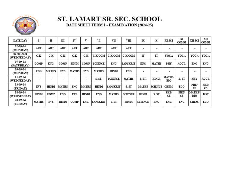 Term 1 Examination Datesheet Class I To Xii (2024-25) | PDF