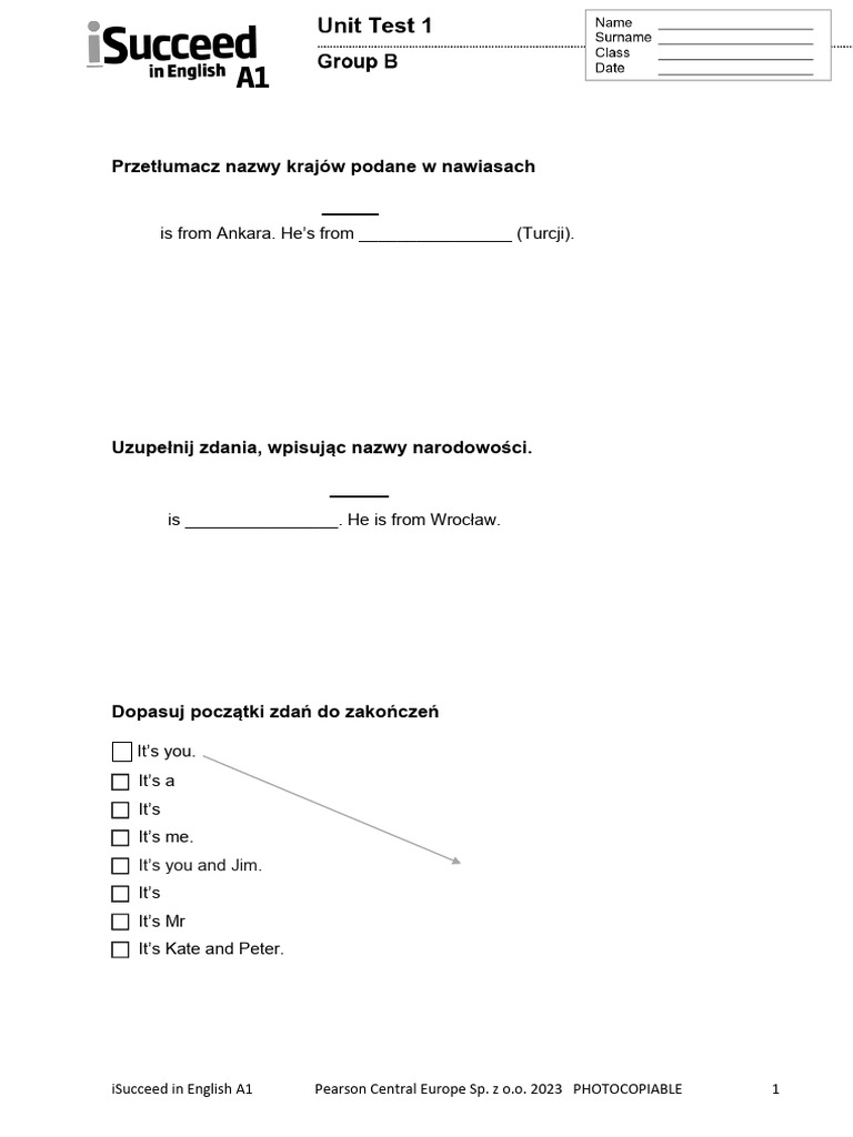ISucceed A1 Tests Unit 1 Test Group B | PDF