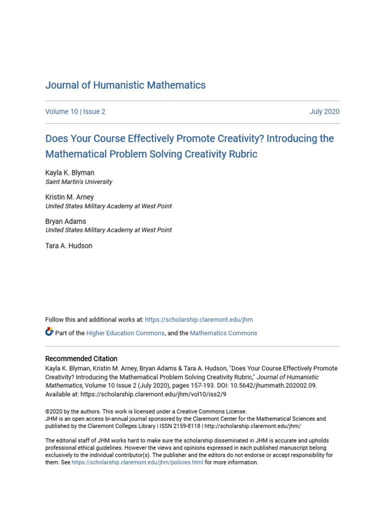 Assessing Creativity in Math Courses | PDF | Creativity | P Value