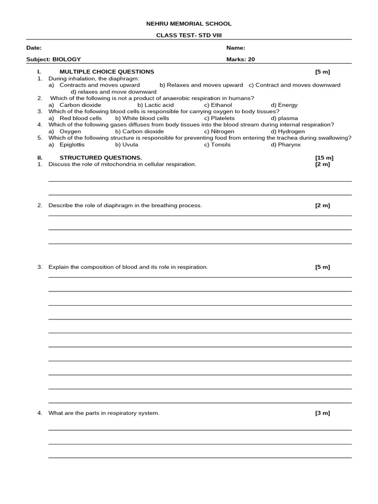 Nehru Memorial School Class Test-Std Viii Date: Name: Subject: BIOLOGY ...
