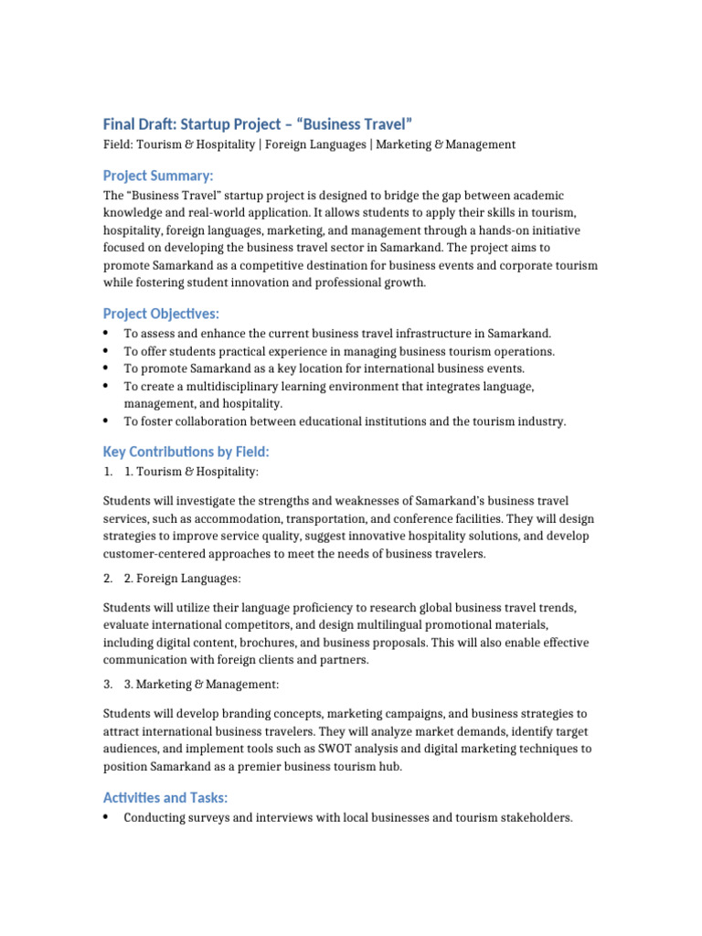 Business Travel Startup Project | PDF | Marketing | Tourism