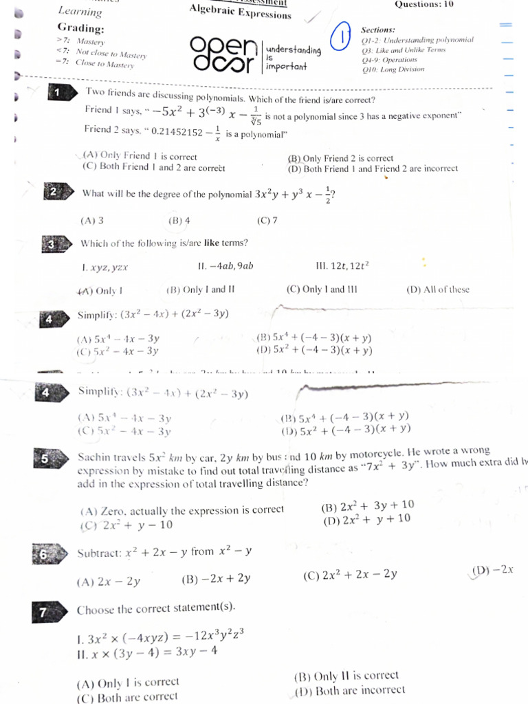 Algebraic Expression Open Door Papers | PDF