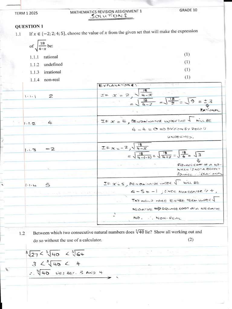 Maths GR 10 Assignment 1 SOLUTIONS | PDF