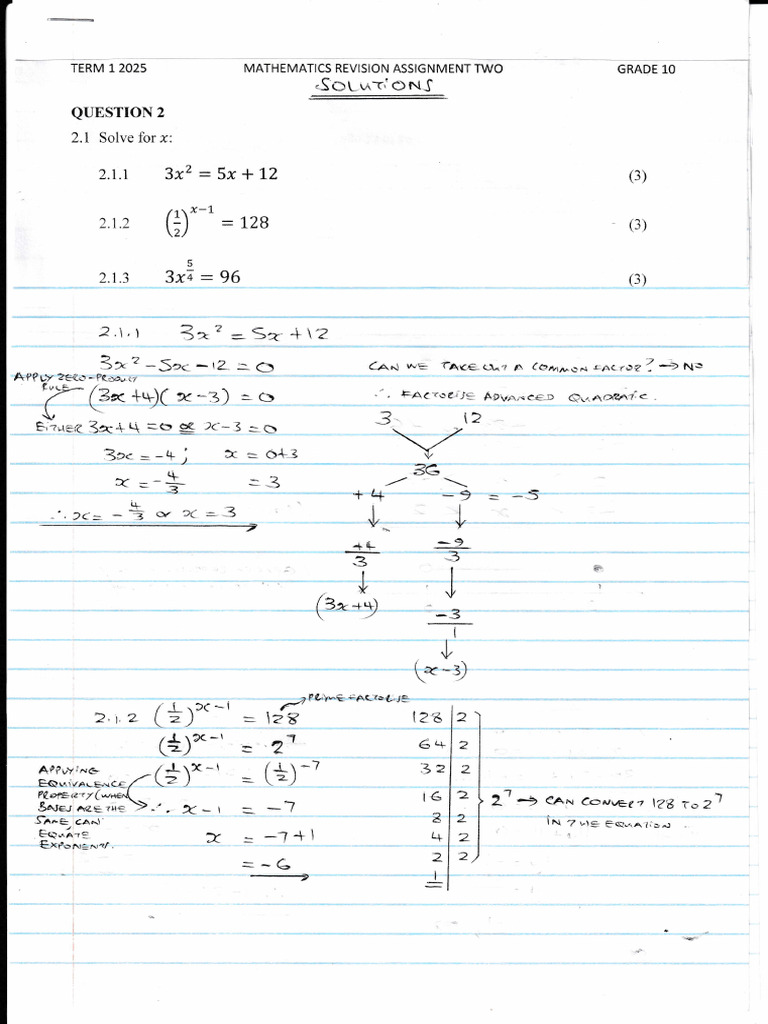 Maths GR 10 Assignment 2 SOLUTIONS | PDF