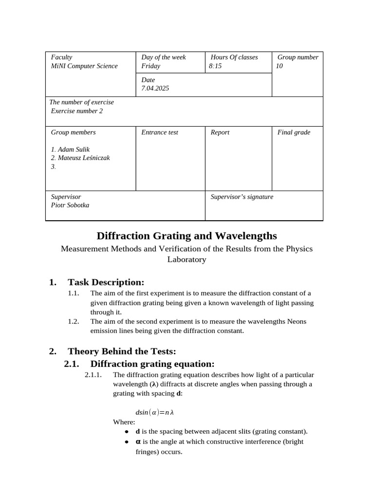 Diffraction Grating Measurement Report | PDF | Diffraction | Wavelength