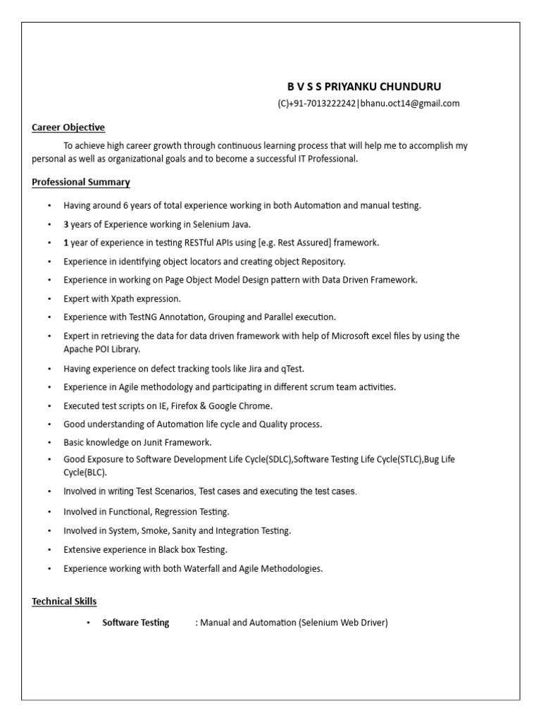 Software Tester Resume - Automation & Manual Testing | PDF | Software ...