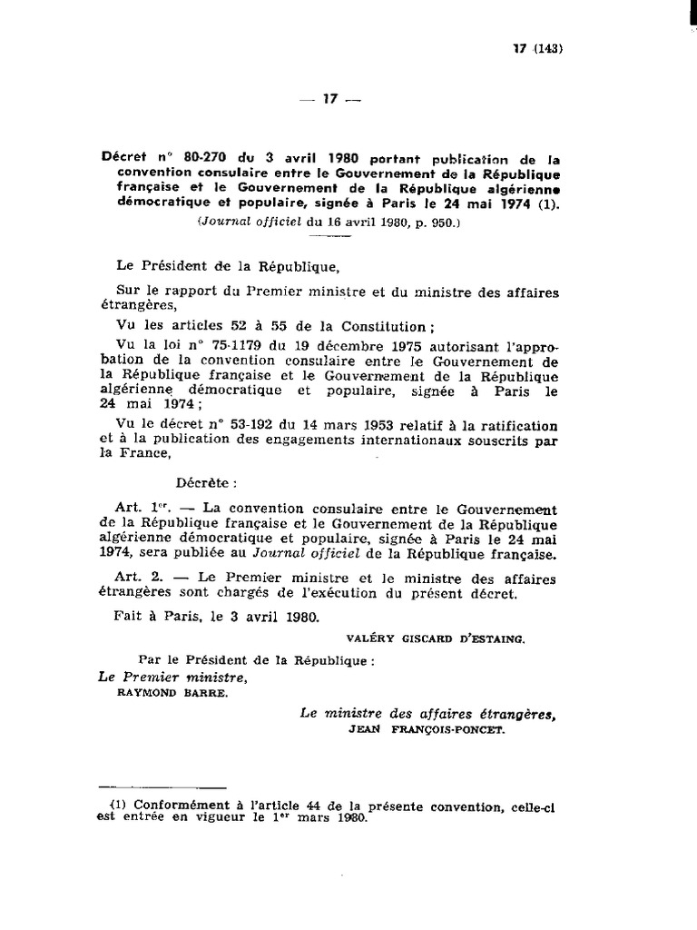 Convention Consulaire France Algerie 20-05-1974 | PDF