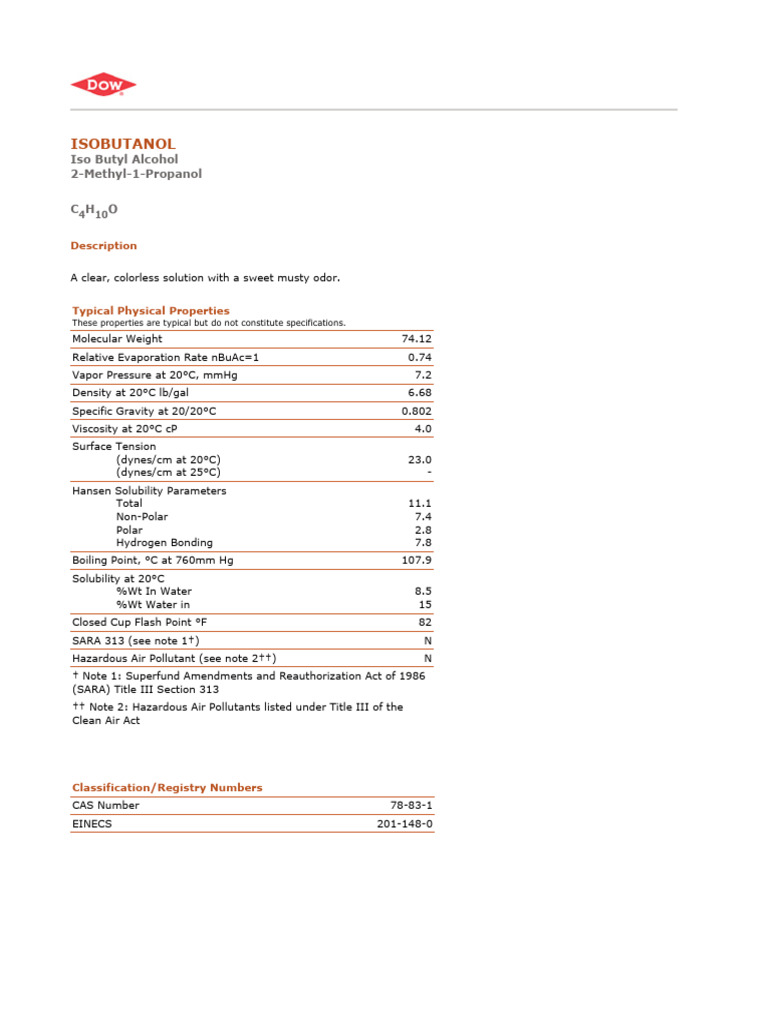 Isobutanol Physical Properties Overview | PDF | Solvent | Chemistry